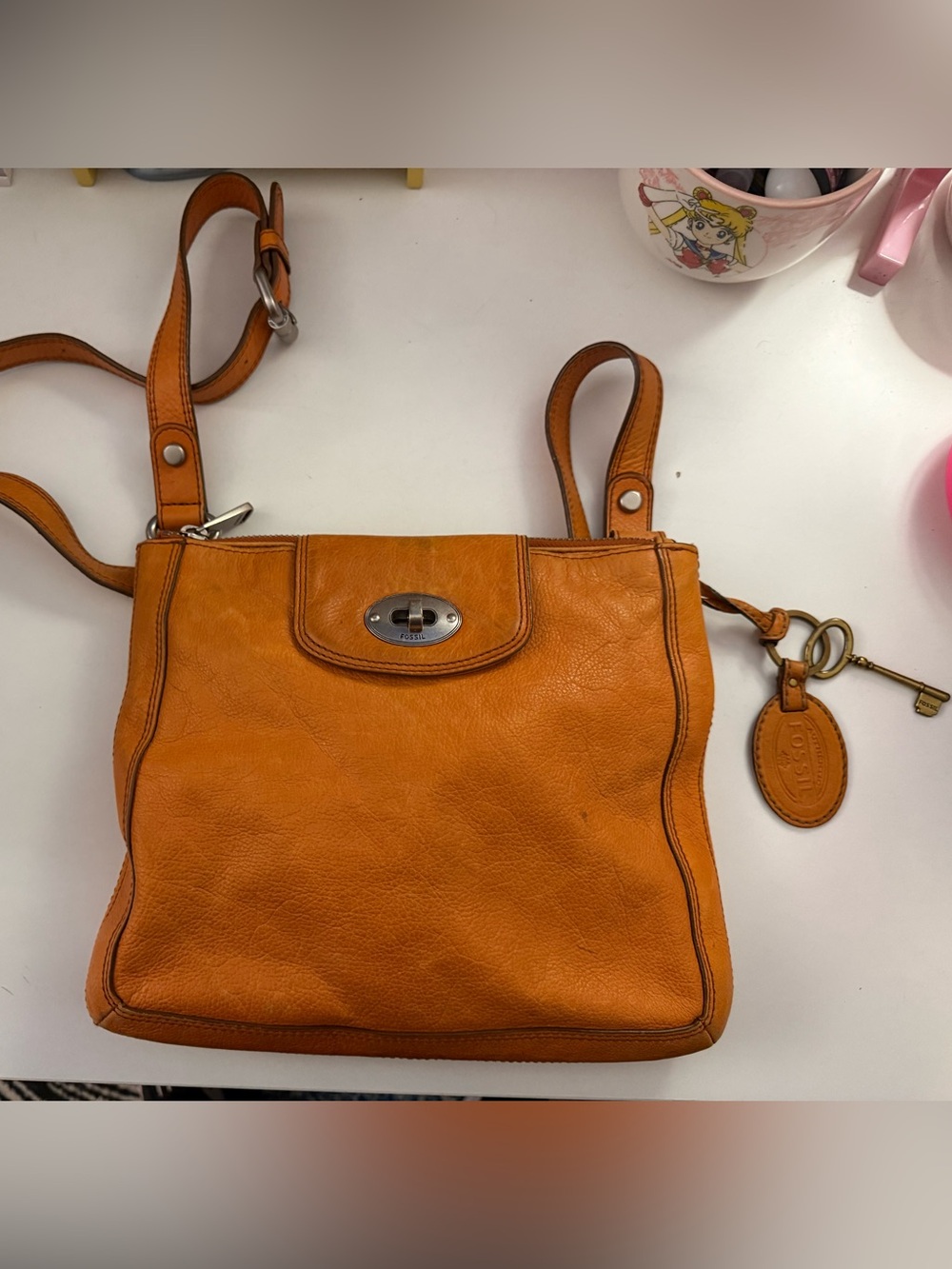 Vintage Fossil Orange Pebbled Leather Crossbody Bag